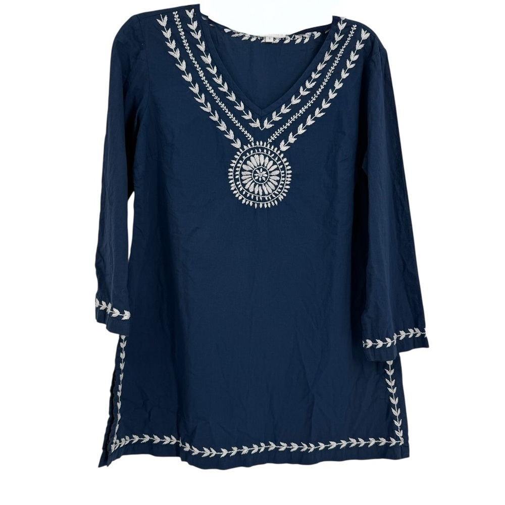 Pomegranate Blue Embroidered Cotton Tunic Top Size Small Boho V-Neck Longline